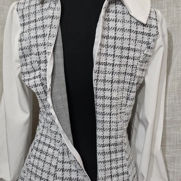 Plaid Tweed Dress Bow Front Long Sleeve, Mini Houndstooth, Preppy, Clueless Med - Picture 9 of 10